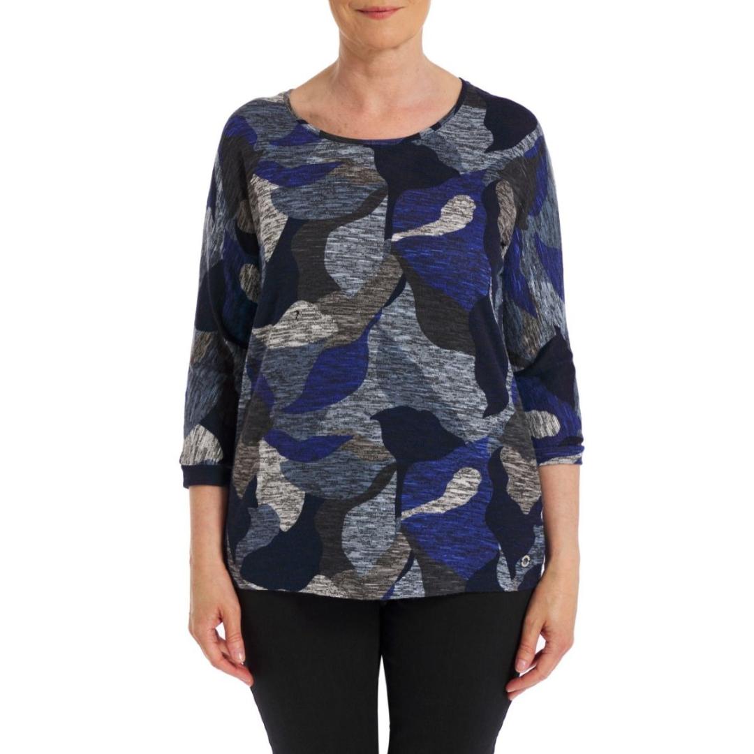 VIZ-A-VIZ Navy Round Neck Abstract Print Top - Nautic