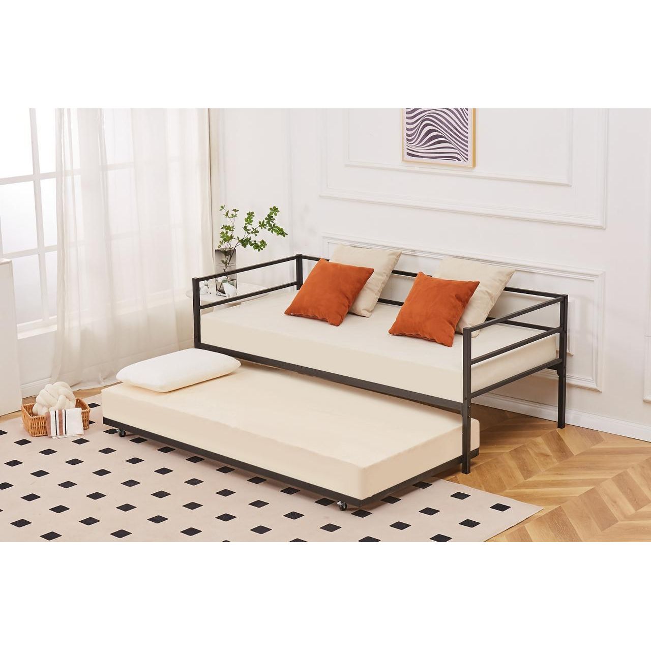 Catton Black Metal Day Bed With Trundle - Single