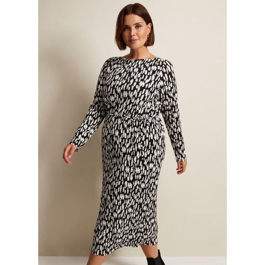 Phase Eight Jane Spotted Plisse Midi Dress - Black/Ivory