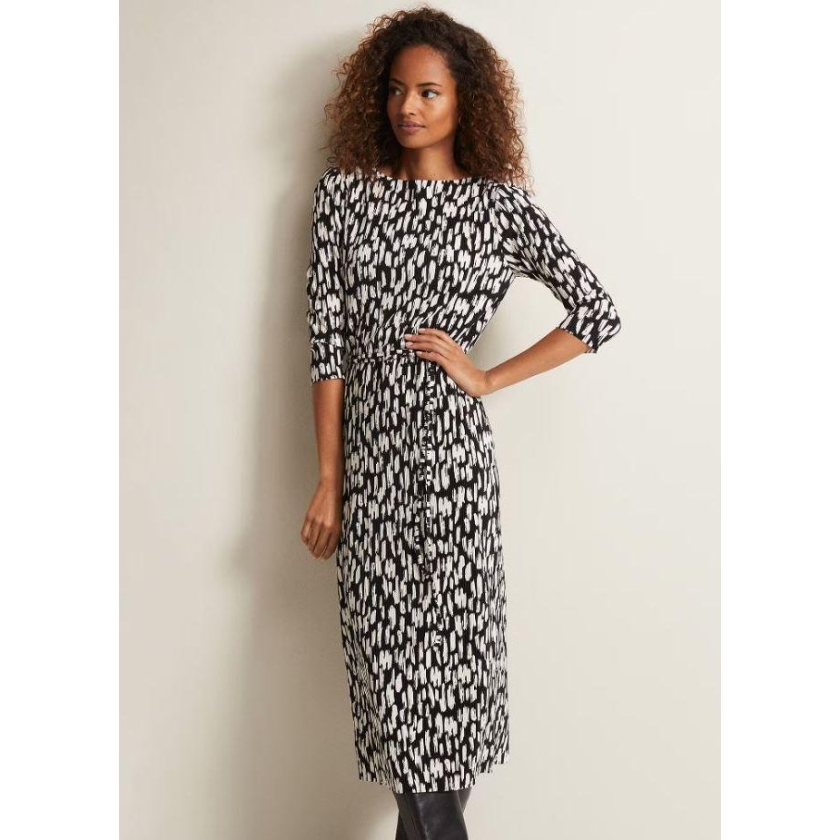 Phase Eight Jane Spotted Plisse Midi Dress - Black/Ivory