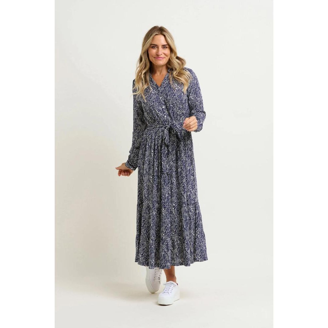 Brakeburn Flowing Spots Maxi Shirt Dress - Navy