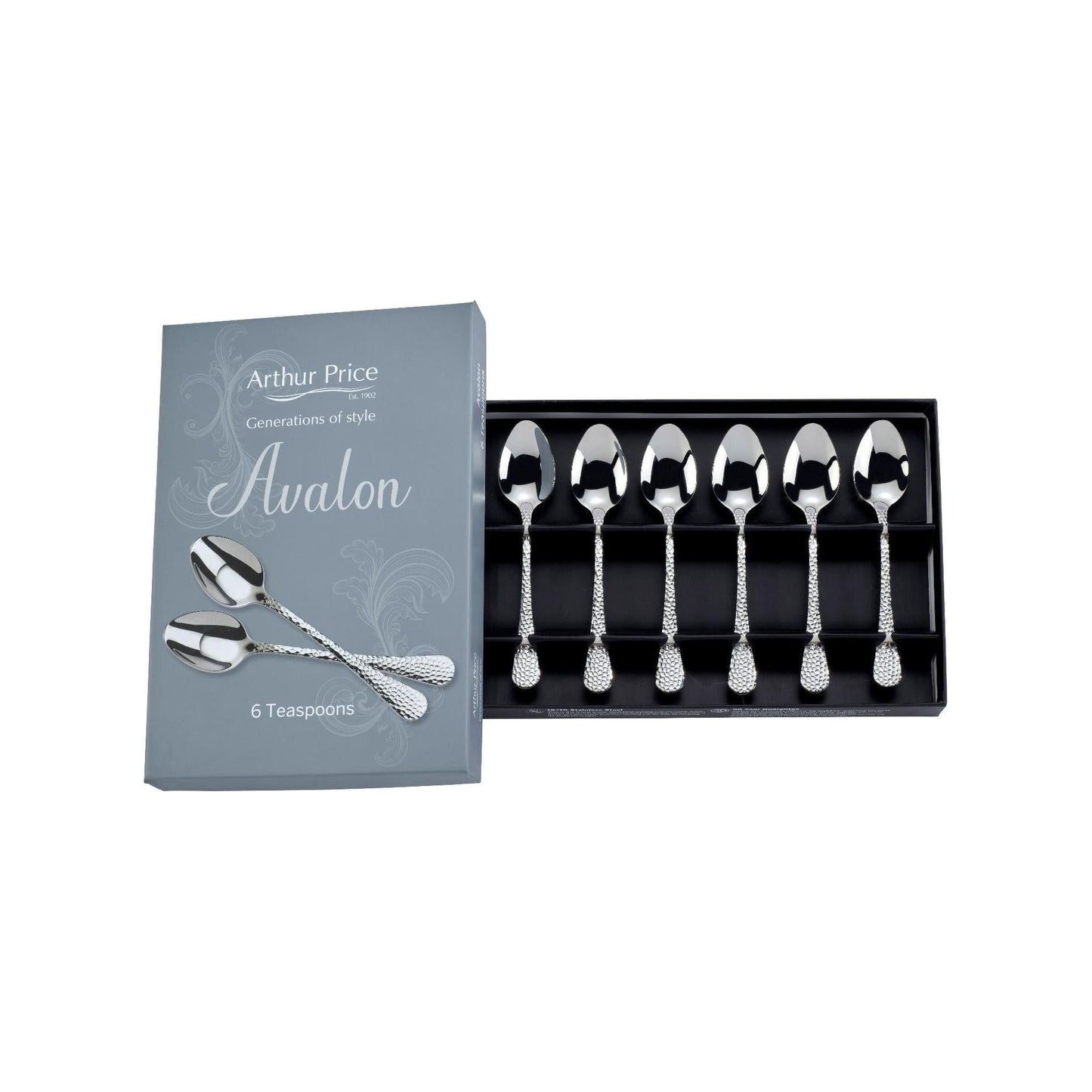Arthur Price 'Avalon' stainless steel gift boxed set of 6 tea spoons