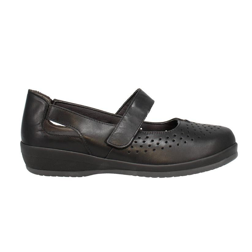 Shuropody Ada Extra Wide Leather Soft Touch Fastening Cut Out Design Mary Jane Flat Shoe - Black