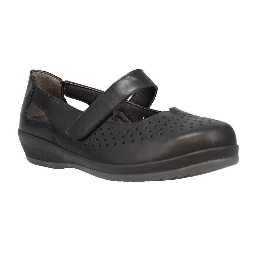 Shuropody Ada Extra Wide Leather Soft Touch Fastening Cut Out Design Mary Jane Flat Shoe - Black