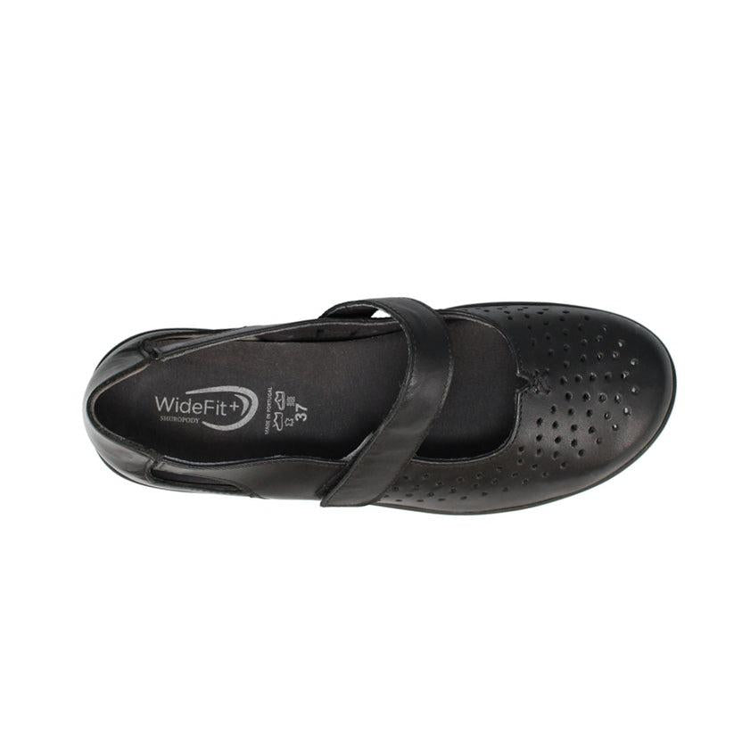 Shuropody Ada Extra Wide Leather Soft Touch Fastening Cut Out Design Mary Jane Flat Shoe - Black