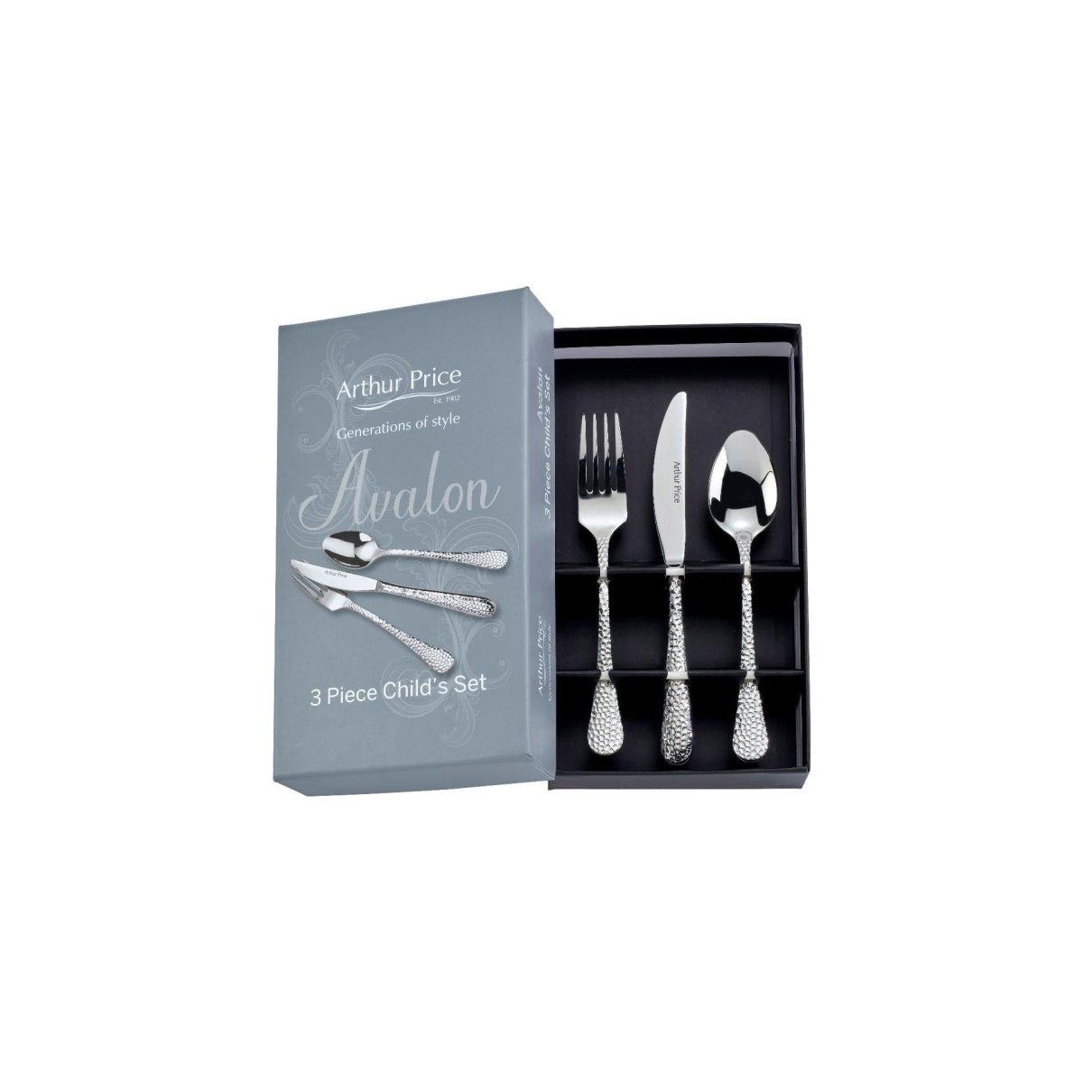 Arthur Price 'Avalon' stainless steel gift boxed 3 piece child cutlery set