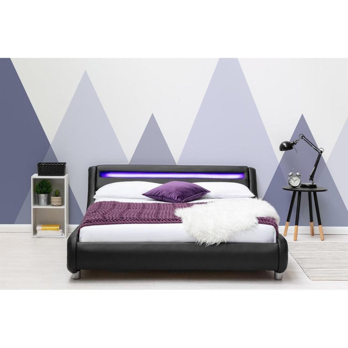 Barcelona LED Fabric Faux Leather Bed - Black