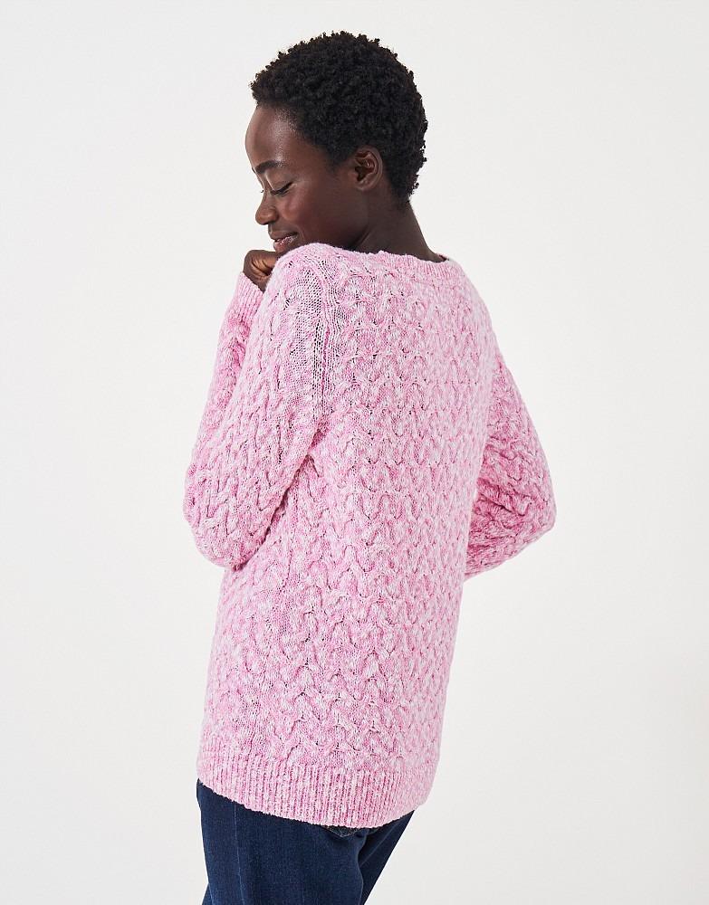 Crew Clothing Twist Yarn Cotton Wool Cable Knit Crew Neck Jumper - Pink White