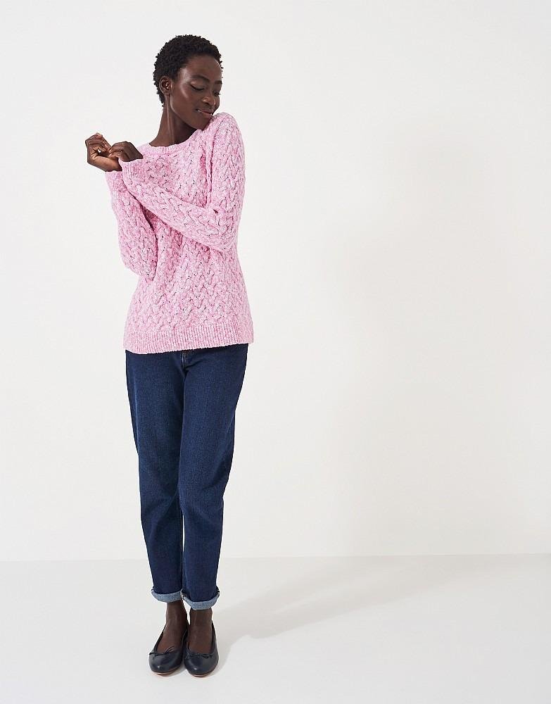 Crew Clothing Twist Yarn Cotton Wool Cable Knit Crew Neck Jumper - Pink White