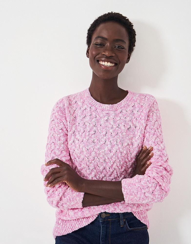 Crew Clothing Twist Yarn Cotton Wool Cable Knit Crew Neck Jumper - Pink White
