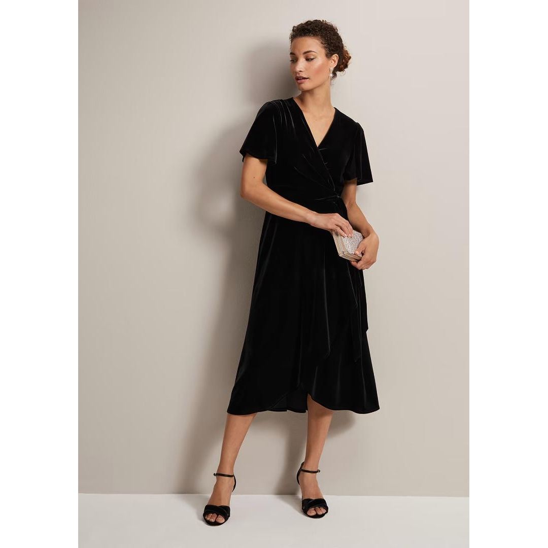 Phase Eight Julissa Velvet Ruffle Wrap Midi Dress - Black