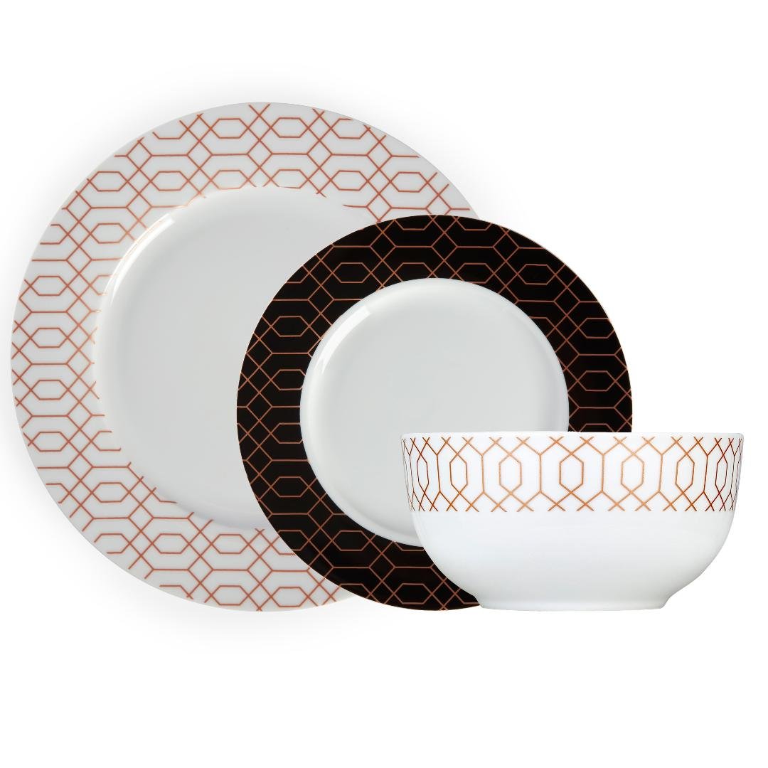 T867000WHT Tower 12 Piece Dinnerware Set Geo Pattern Rose Gold