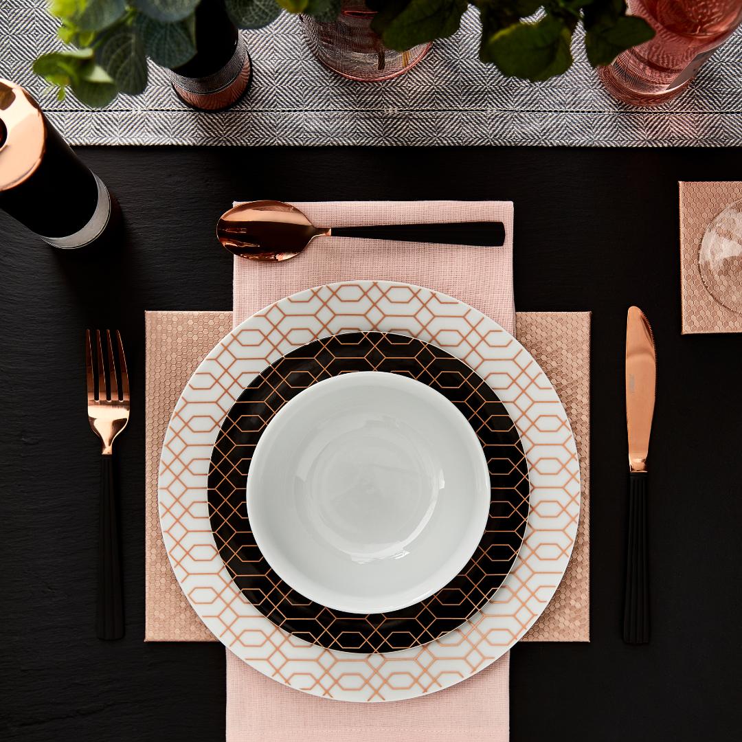 T867000WHT Tower 12 Piece Dinnerware Set Geo Pattern Rose Gold