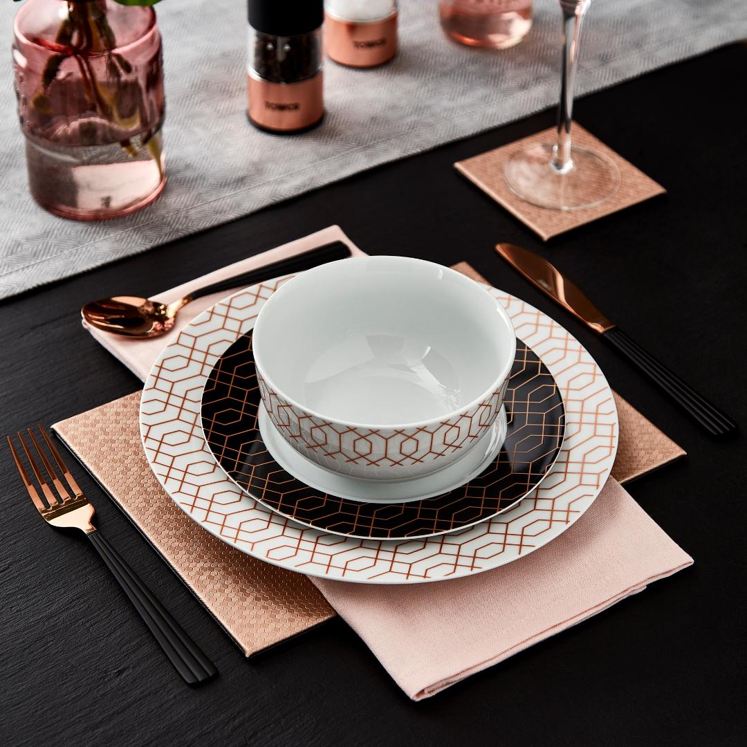 T867000WHT Tower 12 Piece Dinnerware Set Geo Pattern Rose Gold