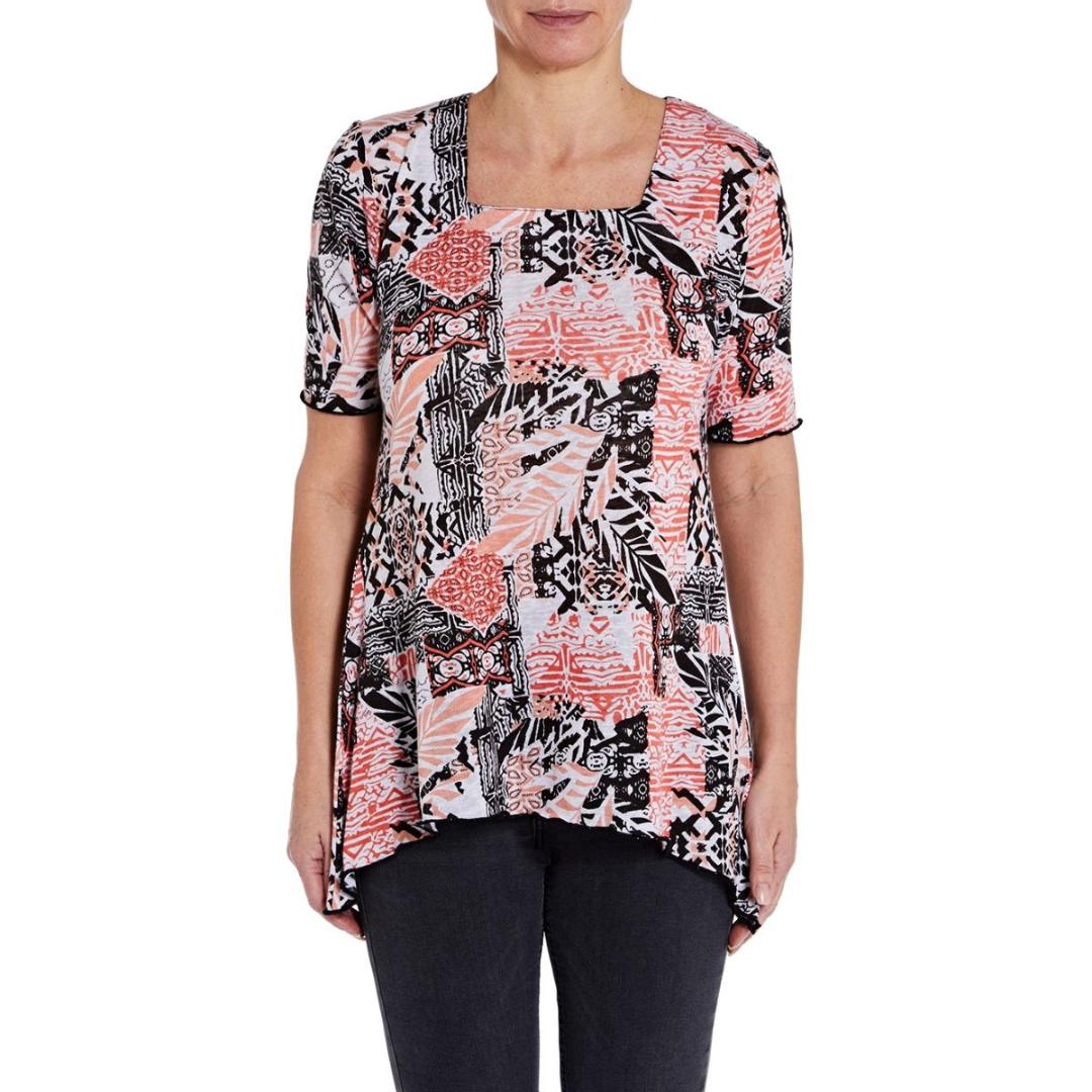 TIGI White And Coral Draped Printed Top