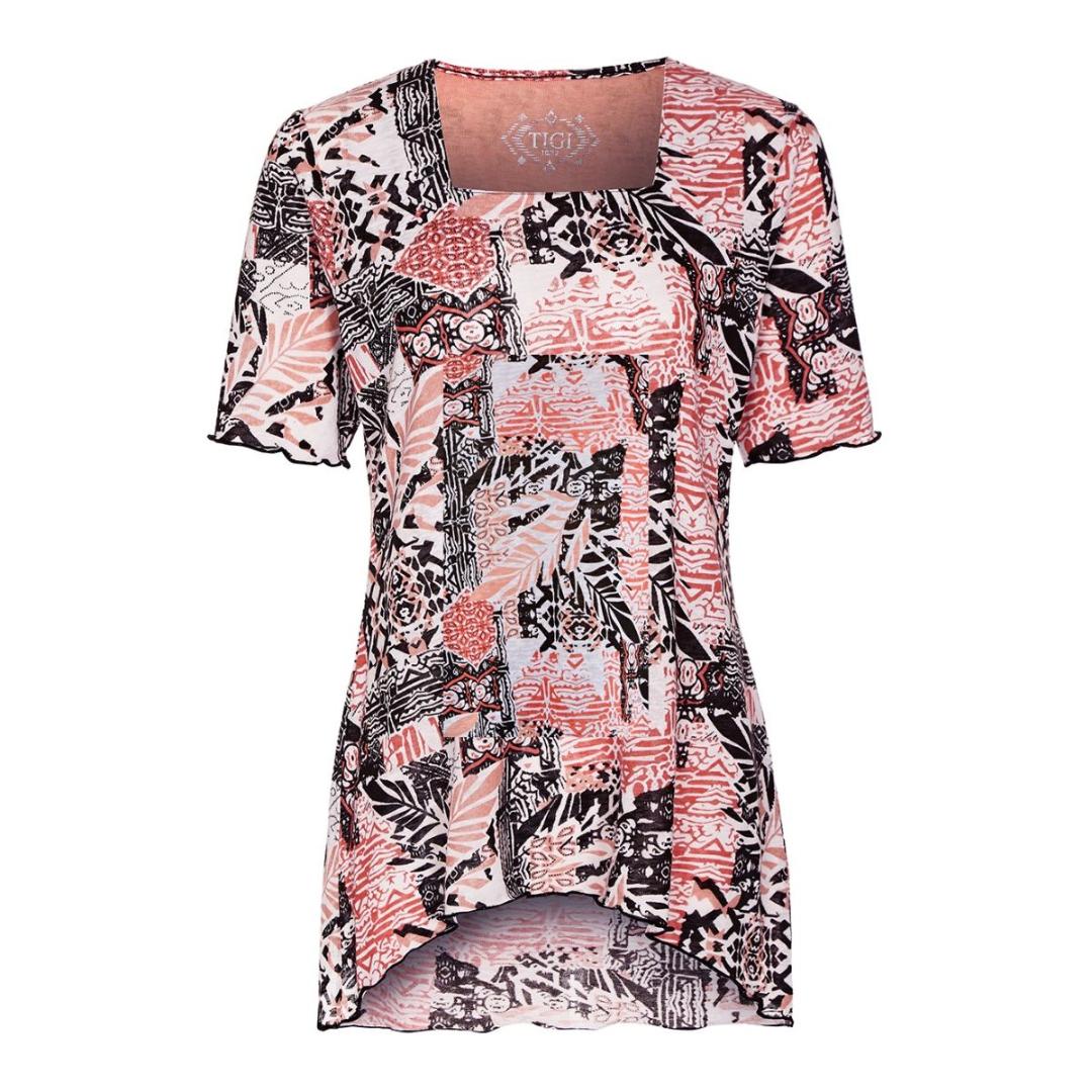 TIGI White And Coral Draped Printed Top