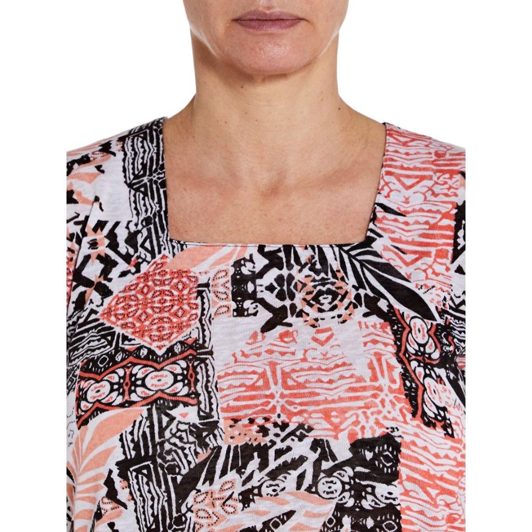 TIGI White And Coral Draped Printed Top