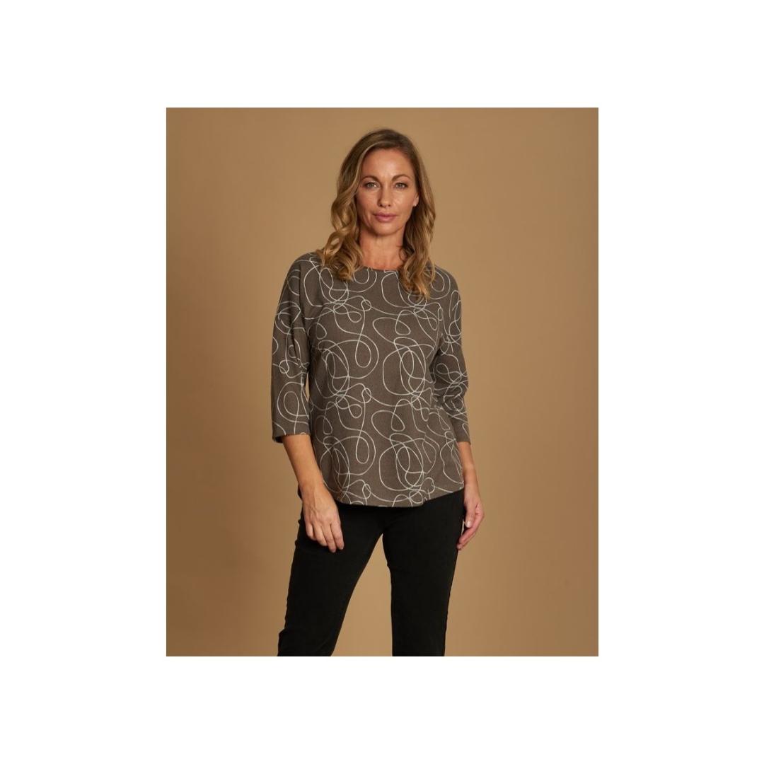 VIZ-A-VIZ Taupe Squiggle Print Top