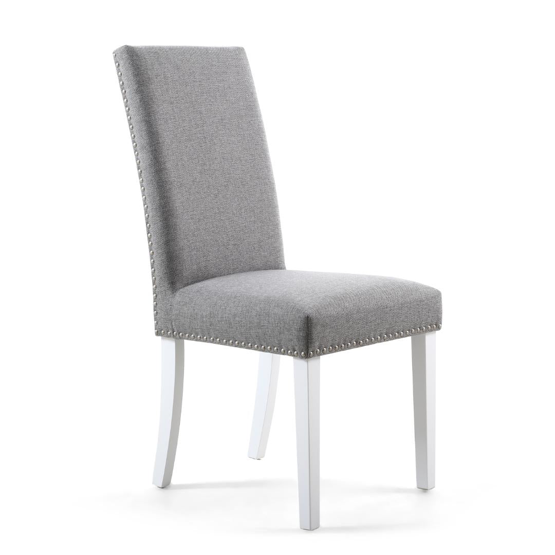 Randall Stud Detail Linen Effect Silver Grey Dining Chair In White Legs Set Of 2