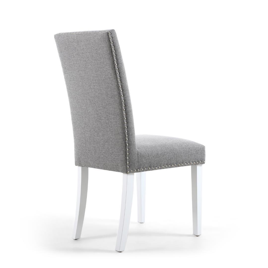 Randall Stud Detail Linen Effect Silver Grey Dining Chair In White Legs Set Of 2