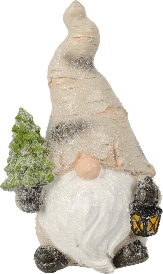 Gnome With Birch Cap 16cm Holding Lantern & Tree