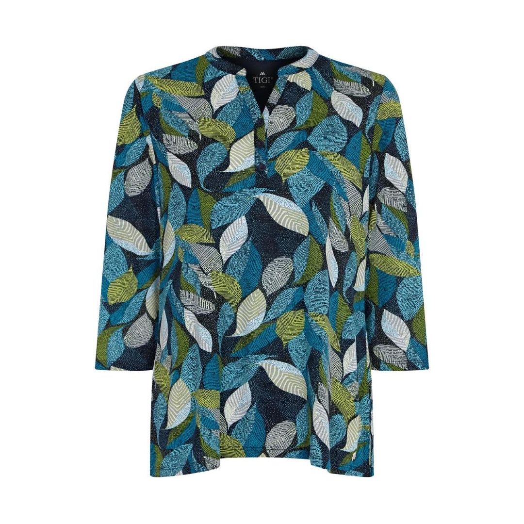 TIGI Navy Leaf-Print Notch Neck Top