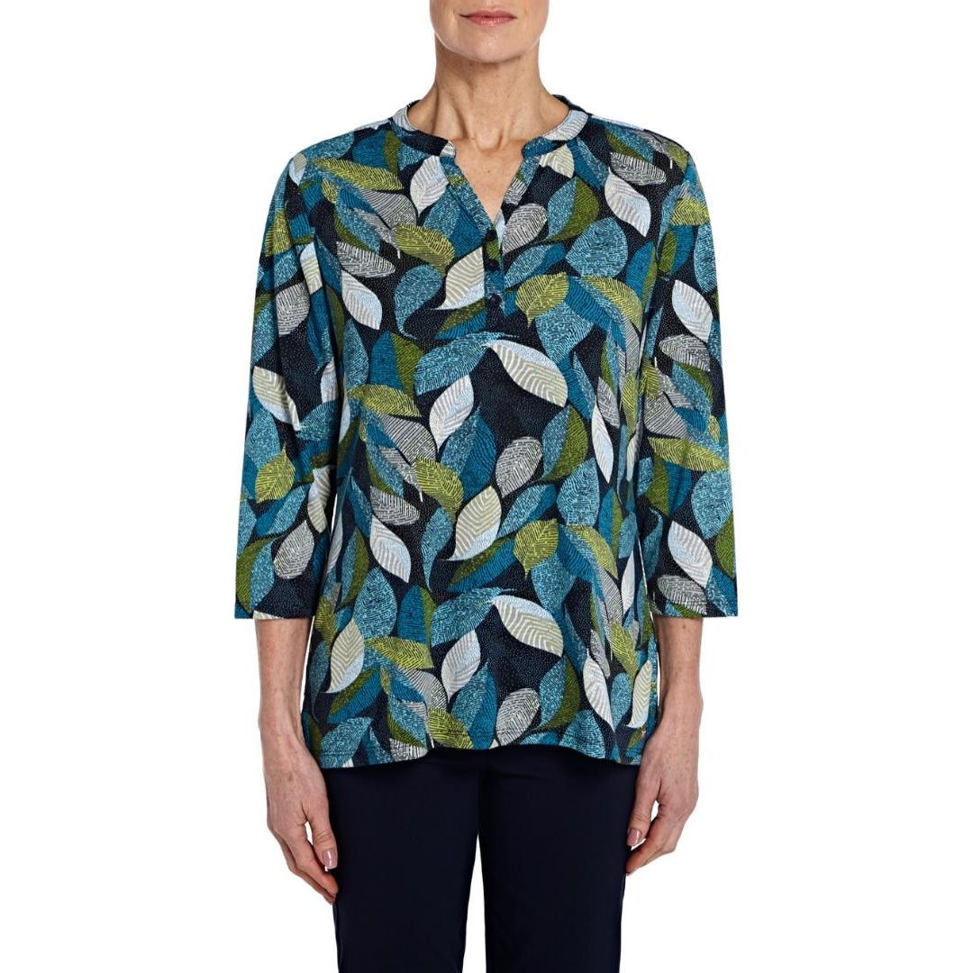 TIGI Navy Leaf-Print Notch Neck Top