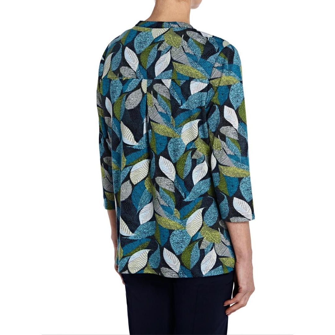 TIGI Navy Leaf-Print Notch Neck Top