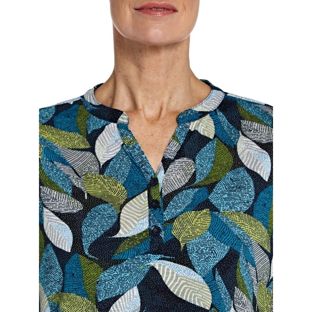 TIGI Navy Leaf-Print Notch Neck Top