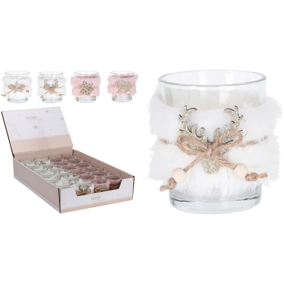 Glass Tealight Holder With Faux Fur 6cm - Available In 4 Designs