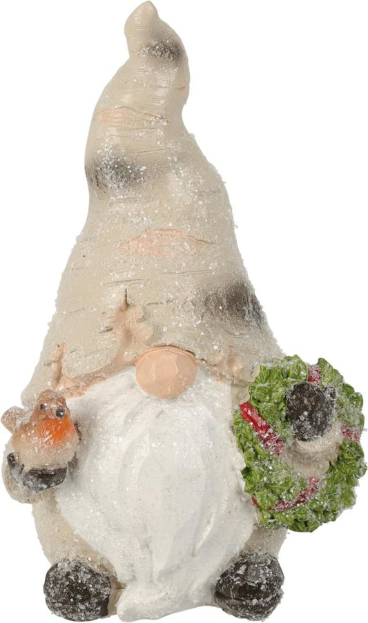 Gnome With Birch Cap 16cm Holding Bird & Wreath