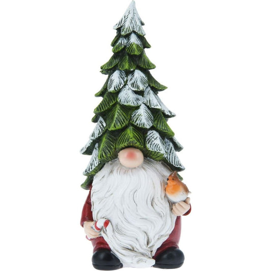 Gnome With Christmas Tree Hat 10x8x20cm Holding Bird