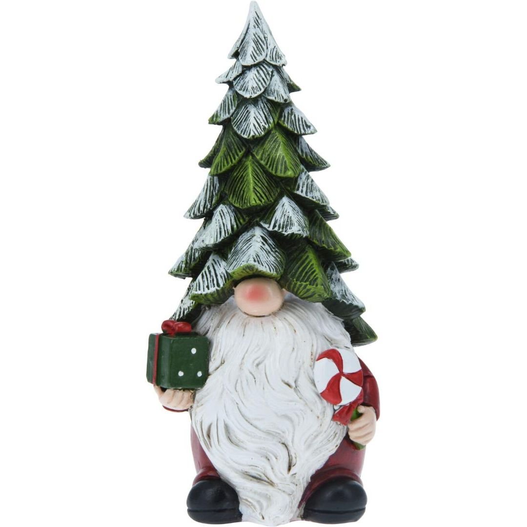 Gnome With Christmas Tree Hat 10x8x20cm Holding Present