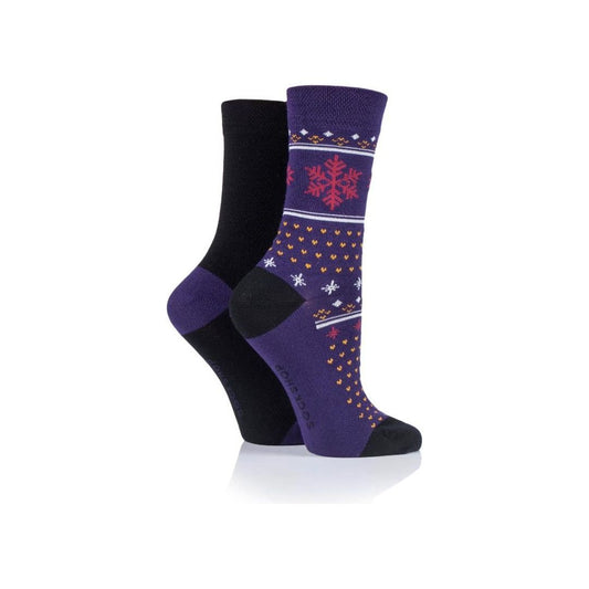 Sockshop Ladies 2pr Sockshop Patterned & Plain Bamboo Socks - Black Fair Isle