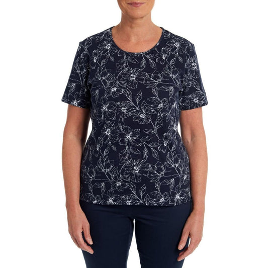 TIGI Navy Round Neck Floral Print Top