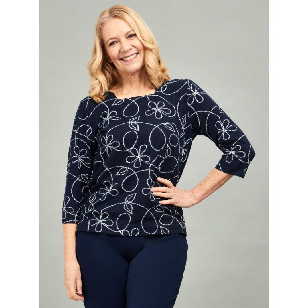 TIGI Navy Square Neck Print Tunic Top