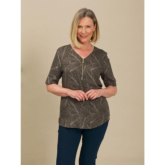 VIZ-A-VIZ Front Zip V-neck Leaf Print Tunic