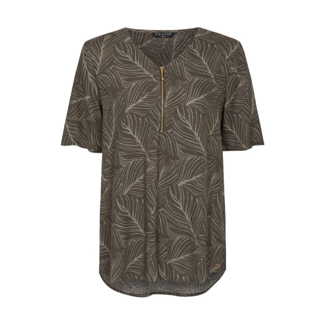 VIZ-A-VIZ Front Zip V-neck Leaf Print Tunic