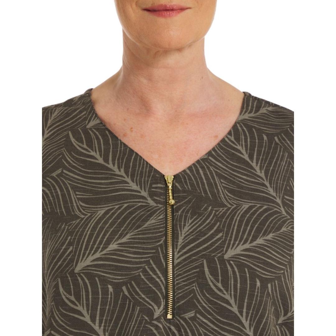 VIZ-A-VIZ Front Zip V-neck Leaf Print Tunic