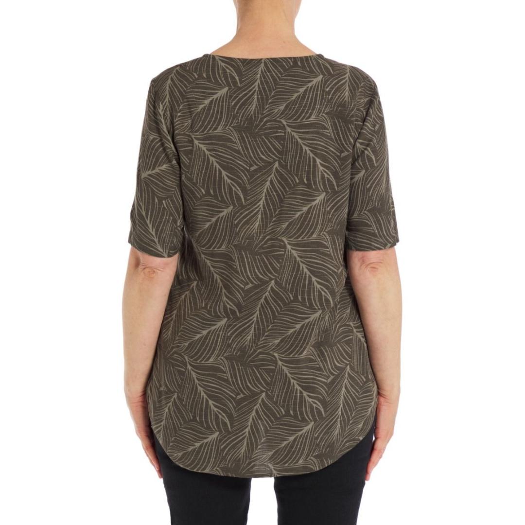 VIZ-A-VIZ Front Zip V-neck Leaf Print Tunic