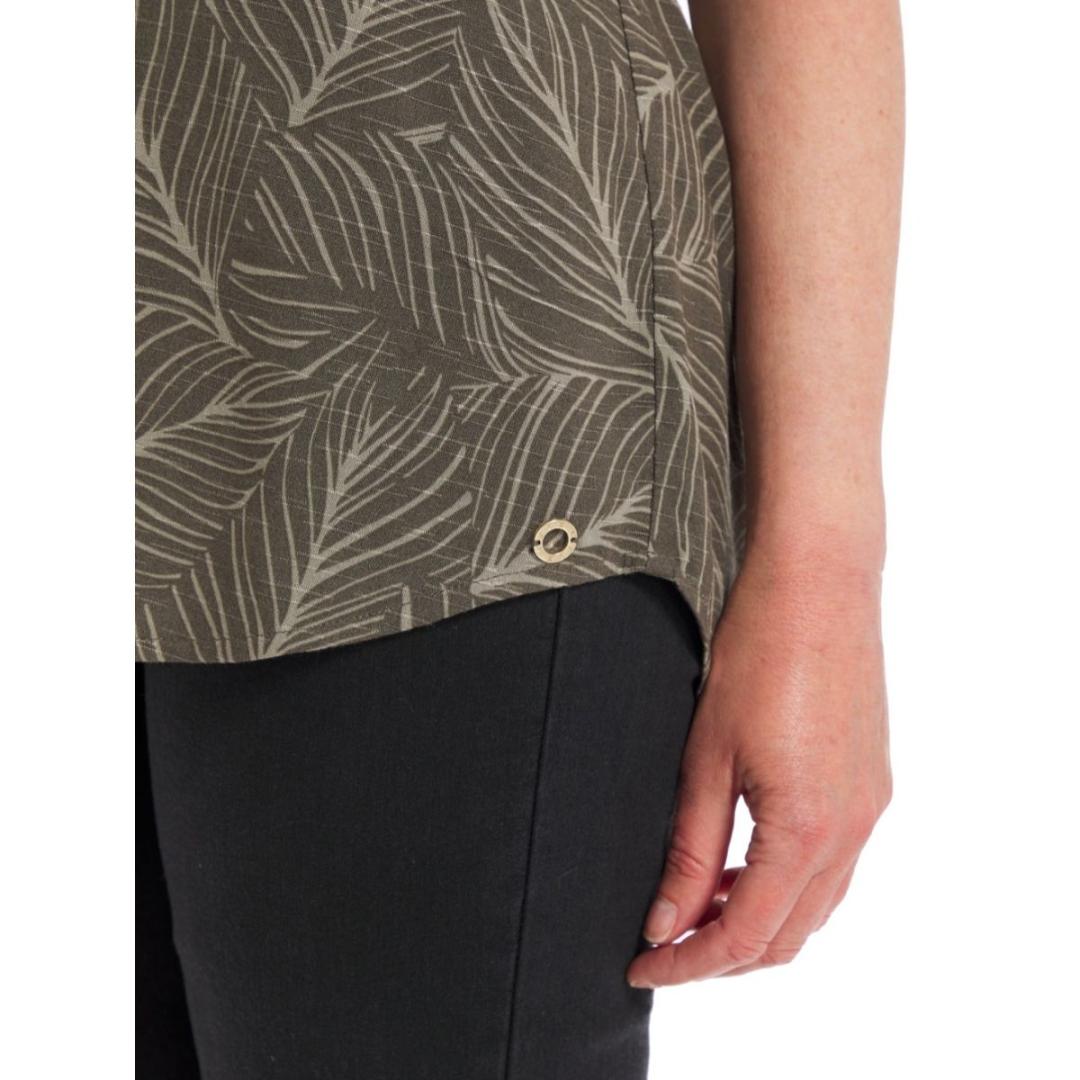 VIZ-A-VIZ Front Zip V-neck Leaf Print Tunic