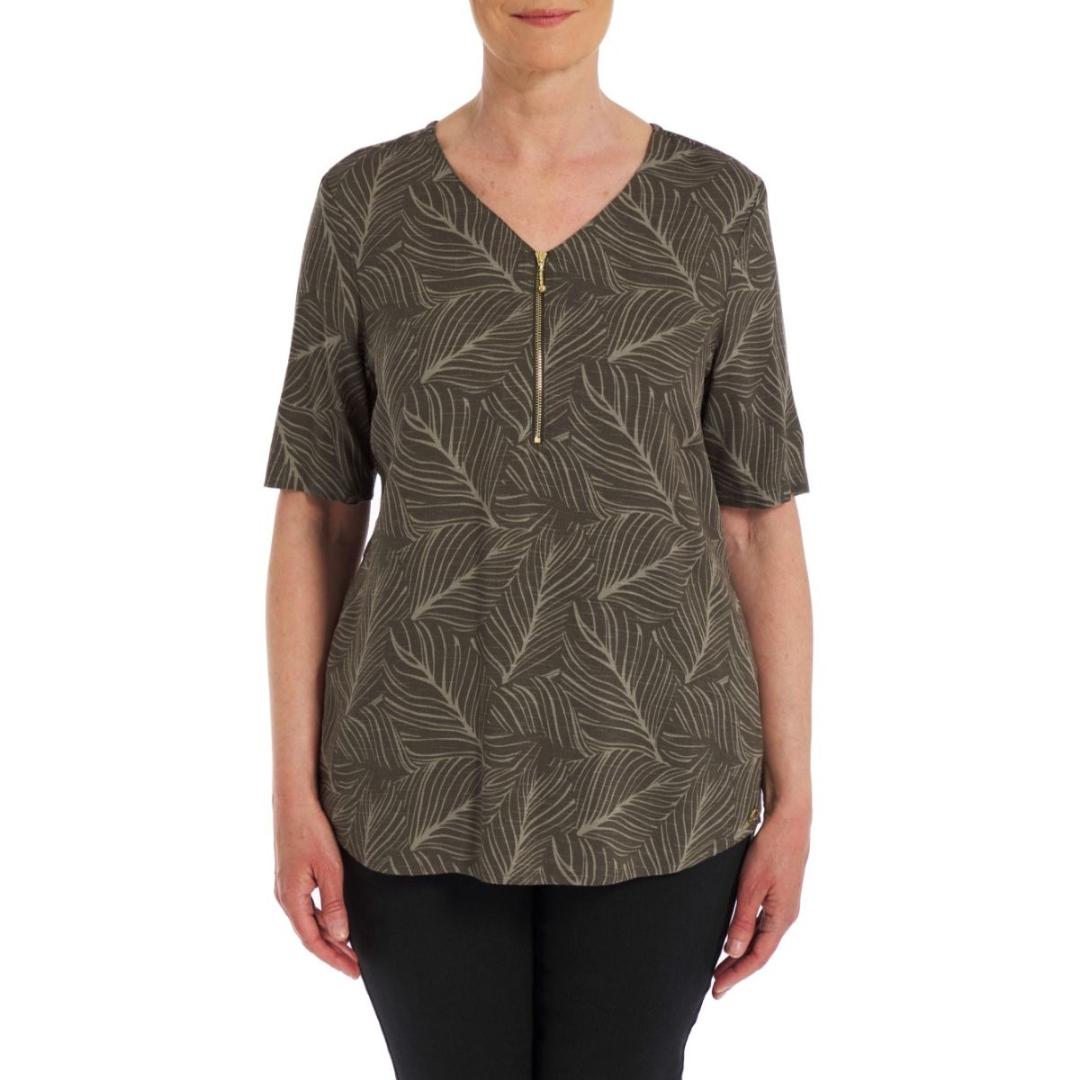 VIZ-A-VIZ Front Zip V-neck Leaf Print Tunic