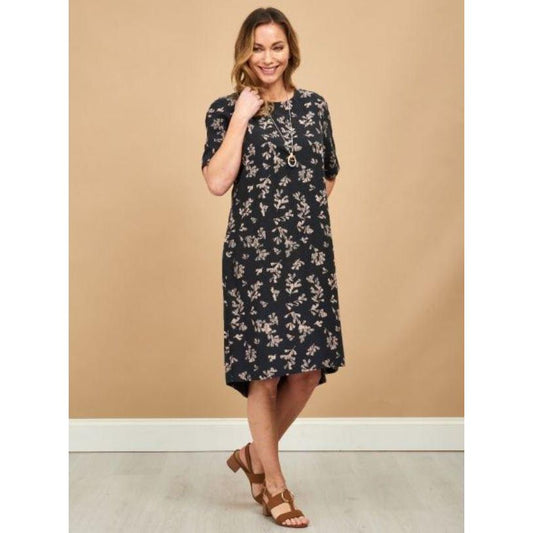 VIZ-A-VIZ Leaf Print Dress - Charcoal