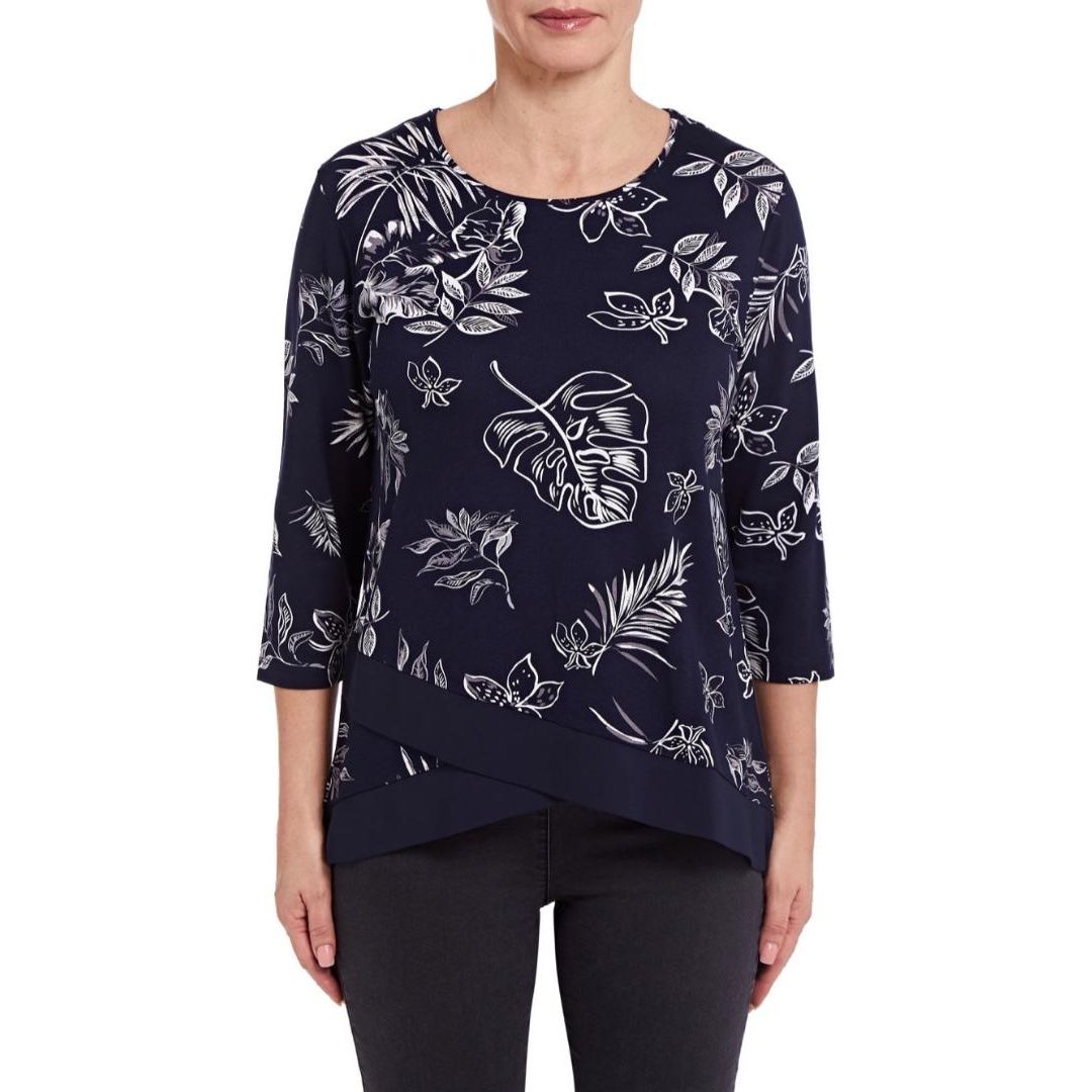 VIZ-A-VIZ Navy Leaf-Print Mock Layer Top