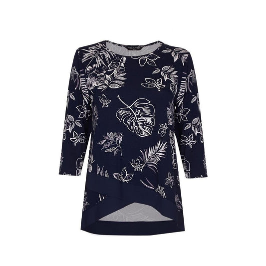 VIZ-A-VIZ Navy Leaf-Print Mock Layer Top