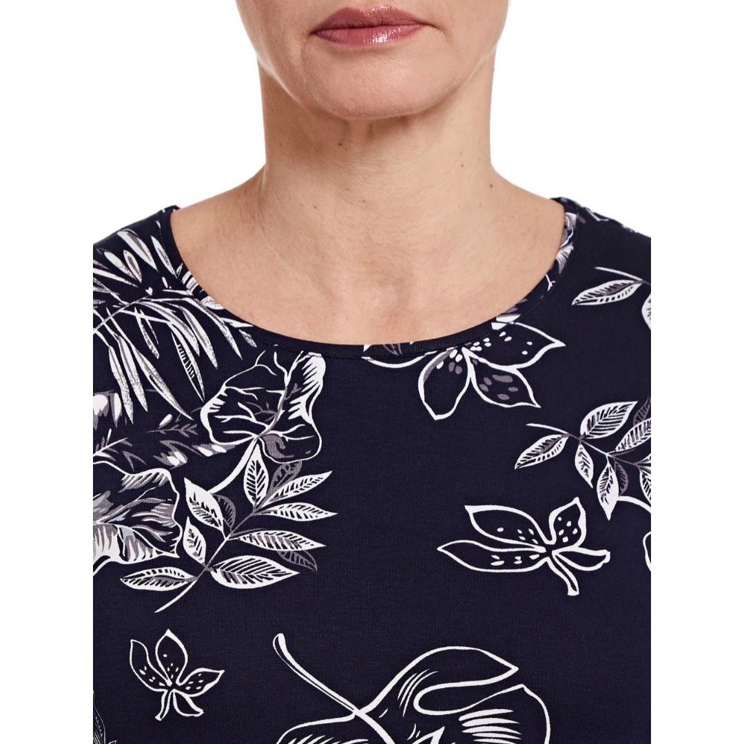 VIZ-A-VIZ Navy Leaf-Print Mock Layer Top